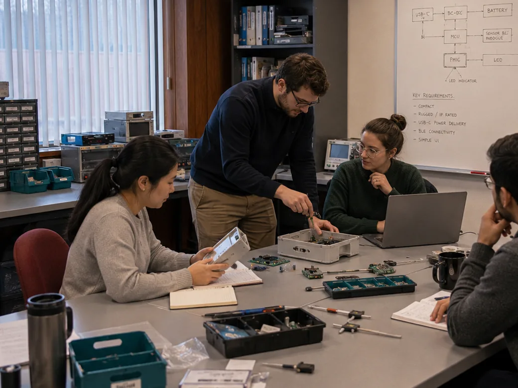 Kyros engineering pod reviewing boards and enclosure hardware in a design session